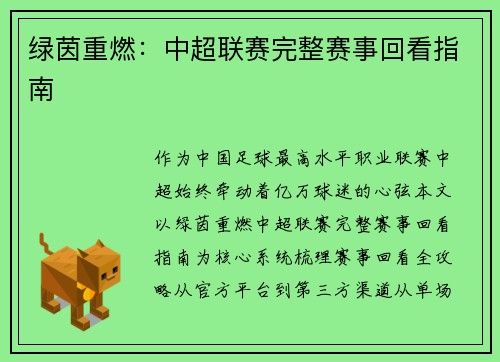 绿茵重燃：中超联赛完整赛事回看指南