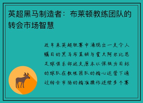 英超黑马制造者：布莱顿教练团队的转会市场智慧