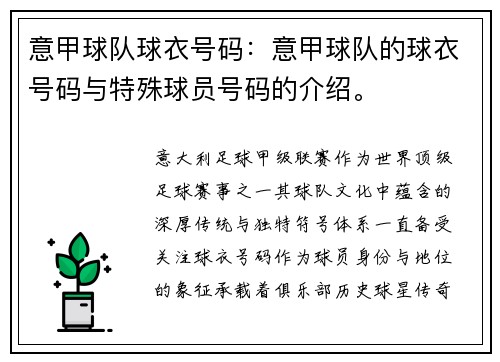 意甲球队球衣号码：意甲球队的球衣号码与特殊球员号码的介绍。